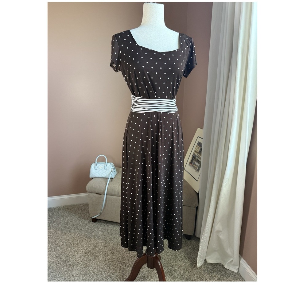 Perceptions New York Brown Polka Dot Midi Dress Striped Waist Asym Neck 8